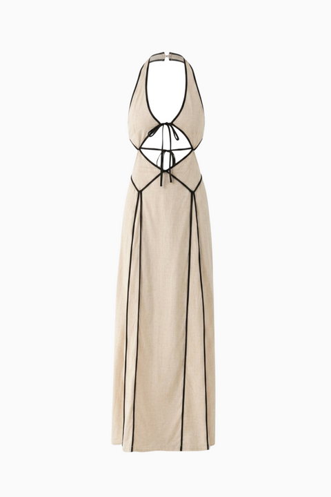 Beige Halter Cutout with Contrast Piping Maxi Dress