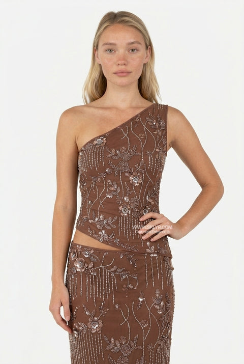 Brown Textured One-Shoulder Top