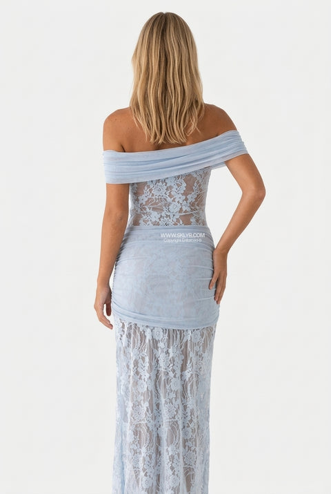 Blue Lace Off-Shoulder Maxi Dress