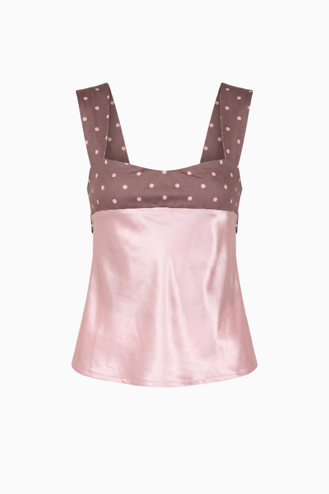 Satin Contrast Polka Dot Square Neck Top