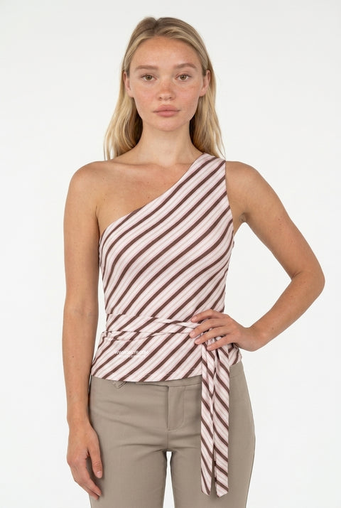 One-Shoulder Diagonal Striped Tie-Waist Top