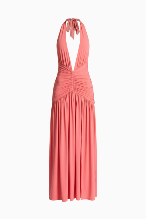 Coral Plunge Halter Maxi Dress