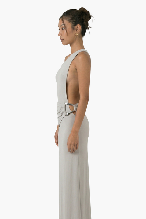 Grey One-Shoulder Ruched Maxi Dress