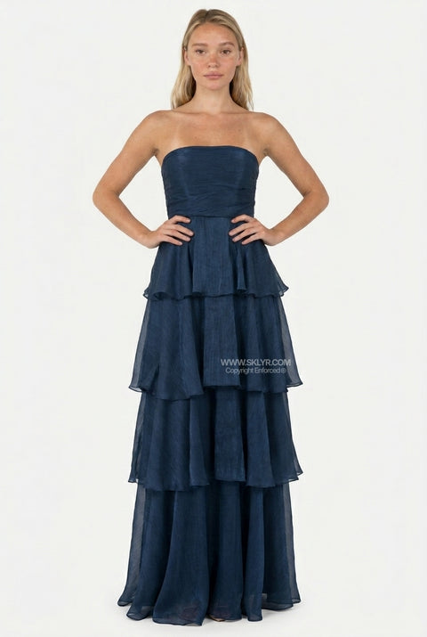 Navy Tiered Ruffle Strapless Maxi Dress