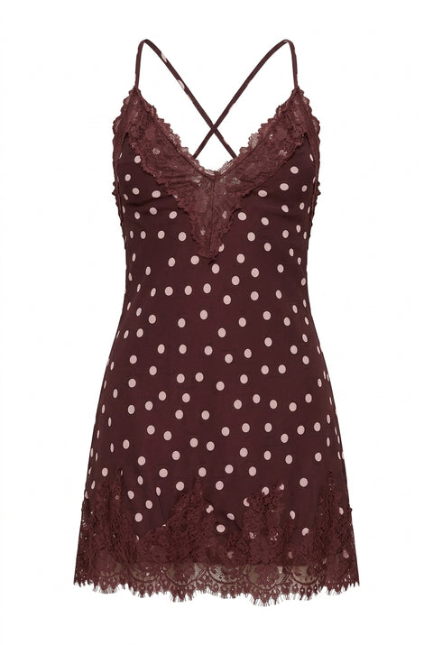 Burgundy Polka Dot & Lace Trim Camisole Mini Dress