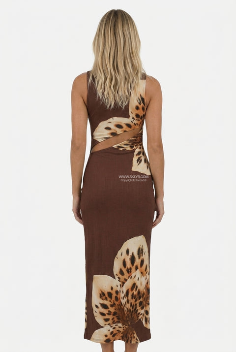 Brown Rose Satin Slip Maxi Dress