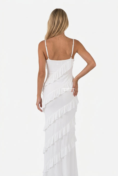 White Tiered Ruffle Flowing Maxi Dress