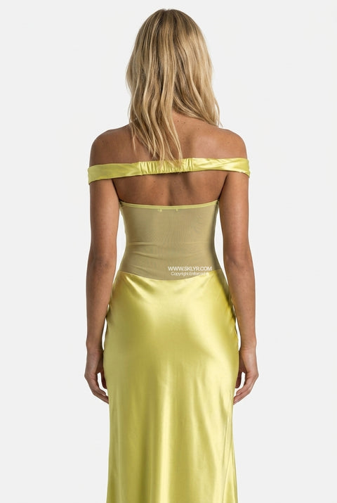 Lime Green Off-the-Shoulder Satin Maxi Dress