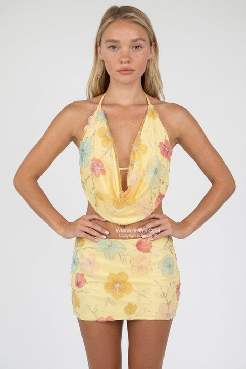 Yellow Floral Halter Bikini Set