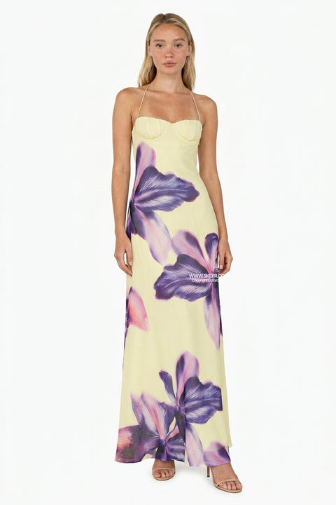 Yellow Purple Floral Bustier Maxi Dress
