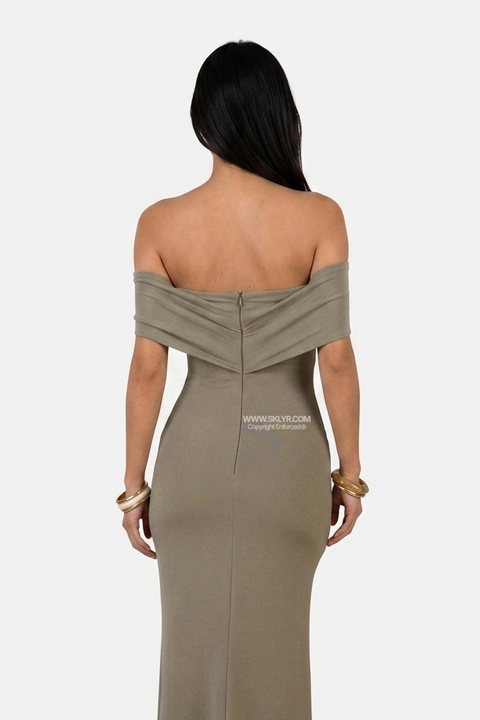 Olive Off-Shoulder Tie-Waist Maxi Dress