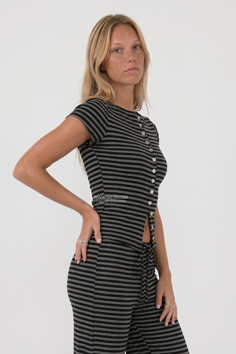 Charcoal Striped Button-Down Loungewear Set