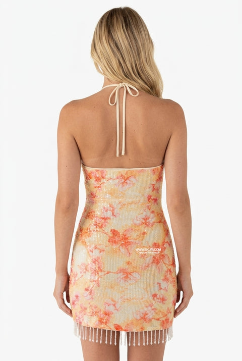 Peach Floral Sparkle Beaded Hem Dress