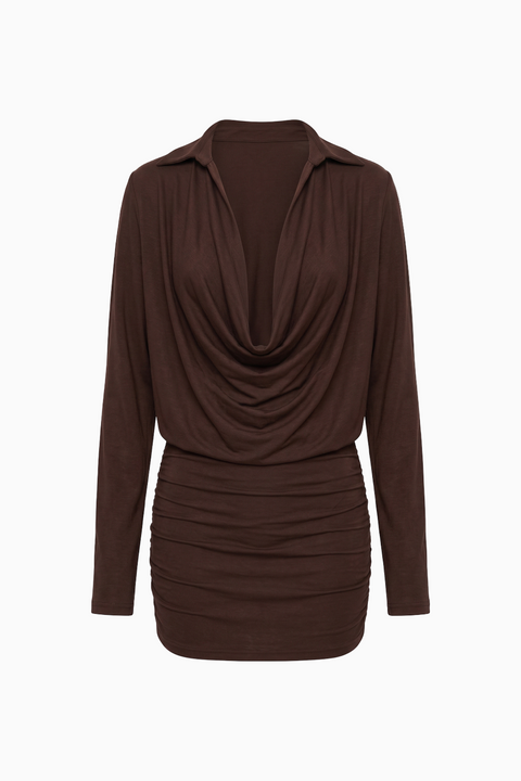 Cowl Neck Long Sleeve Mini Shirt Dress