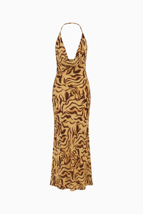 Cowl Neck Abstract Animal Print Maxi Dress