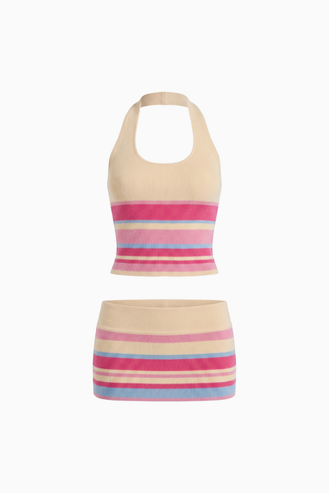 Ribbed Knit Striped Halter Top and Mini Skirt Set