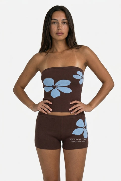 Retro Blue Floral Brown Knit Set