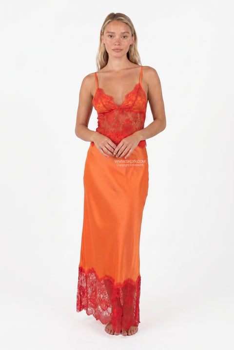 Orange Lace-Trim Slip Maxi Dress