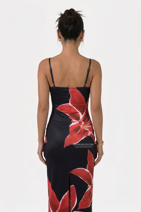 Black Base Red Floral Maxi Dress