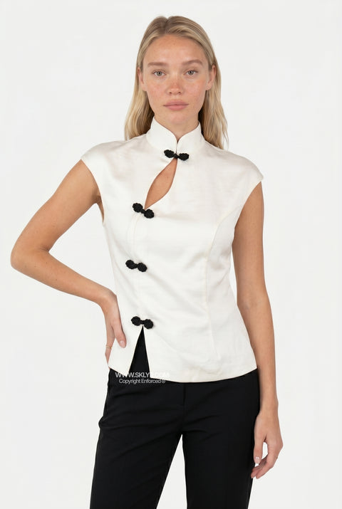 White Sleeveless Mandarin Collar Cutout Top