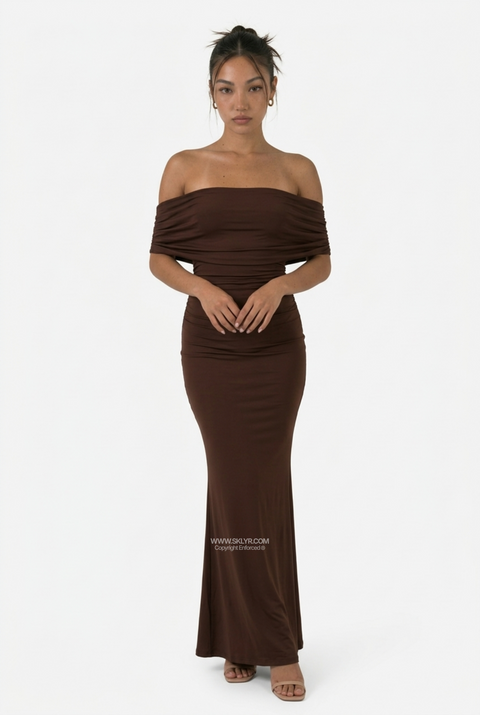 Brown Off-Shoulder Column Maxi Dress