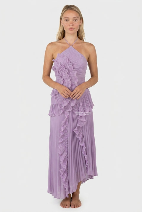 Lilac Ruffled Pleated Maxi Dress