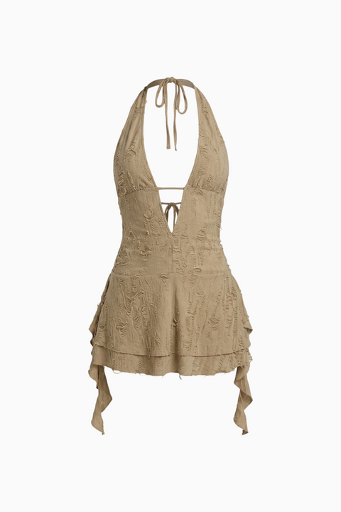 Tan Ruched Spaghetti Mini Dress