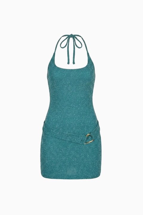 Teal Halter Neck Belted Mini Dress
