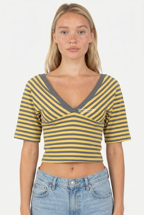 Yellow & Grey Striped V-Neck Crop Top