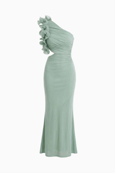 Mint Green One-Shoulder Ruffle Cutout Maxi Dress