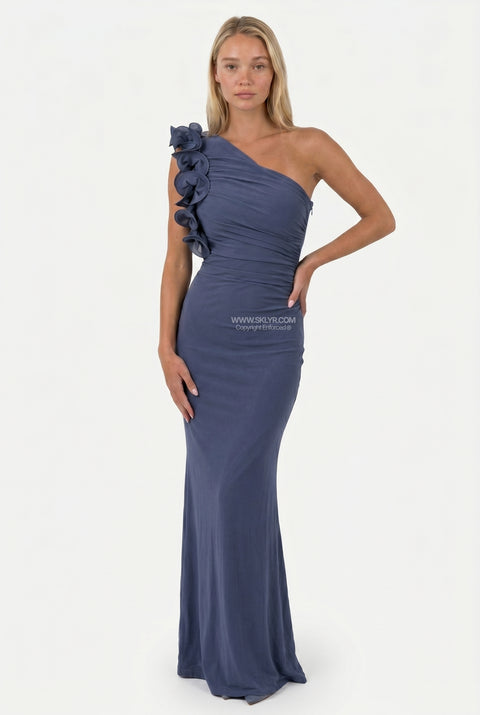 Navy Blue One-Shoulder Ruffle Maxi Dress