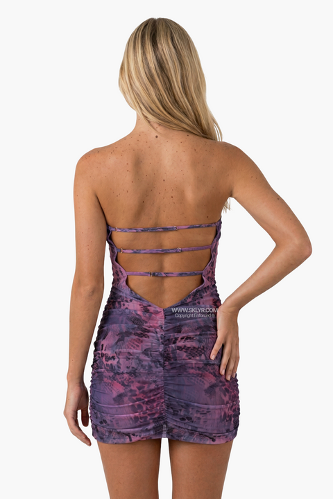 Purple Floral Ruffled Strapless Mini Dress