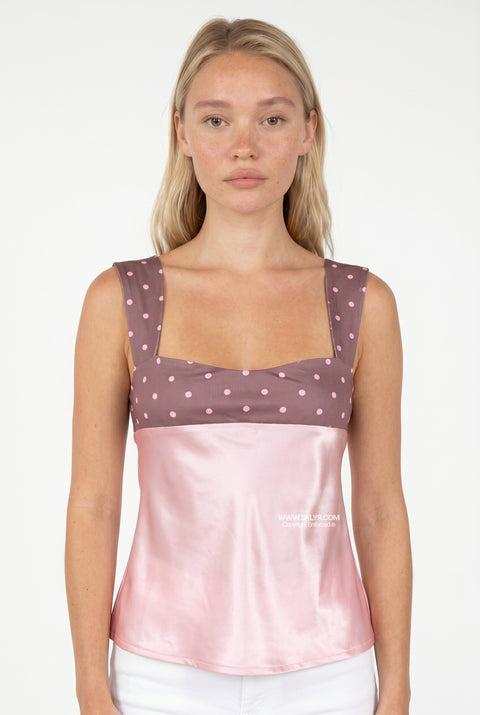 Satin Contrast Polka Dot Square Neck Top