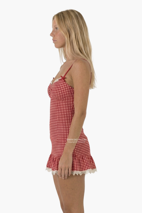 Red Gingham Lace-Trim Mini