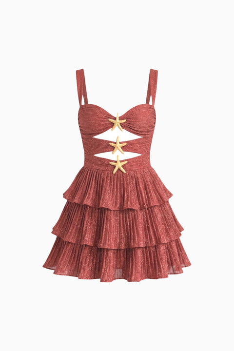 Rust Red Starfish Cutout Ruffle Mini Dress