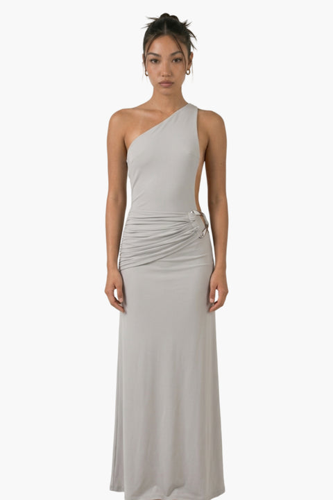 Grey One-Shoulder Ruched Maxi Dress