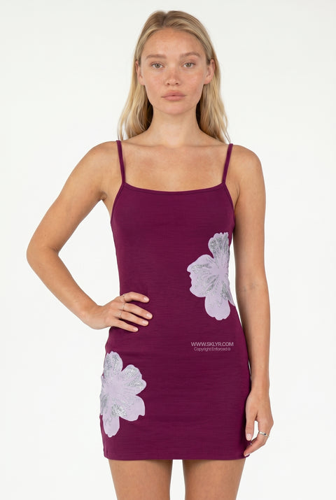 Plum Floral Ribbed Mini Dress