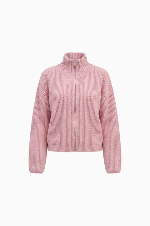 Ribbed Knit Full-Zip High-Neck Cardigan