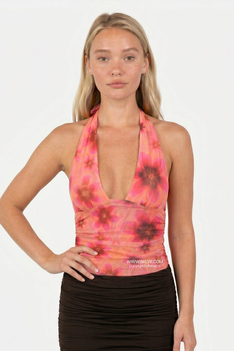 Pink Hibiscus Print Halter Top
