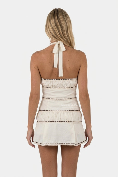 Ivory Bow-Trim Halter Mini Dress