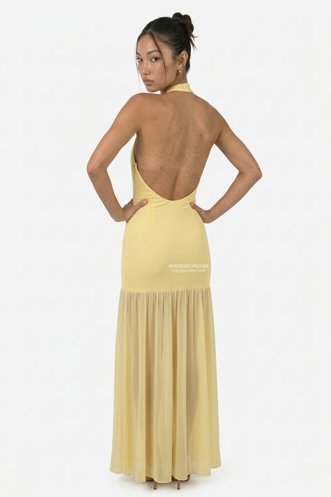 Yellow Open-Back Halter Maxi