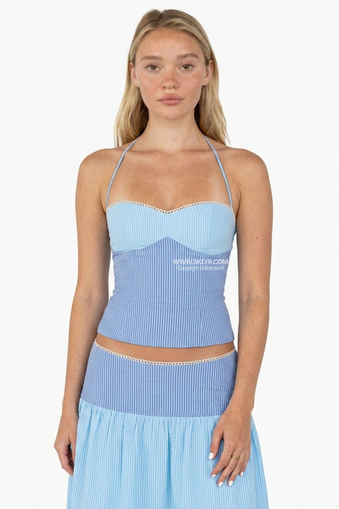 Sky Blue Halter Corset Top & Maxi Skirt Two-Piece Set