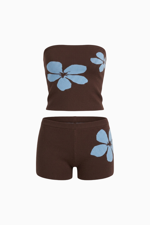 Retro Blue Floral Brown Knit Set