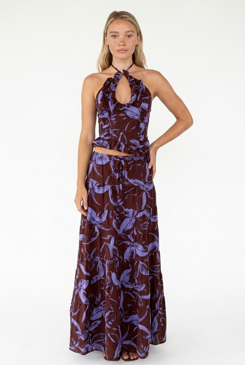 Deep Plum & Lavender Floral Tiered Maxi Set