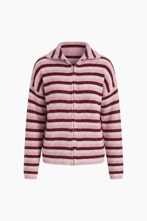 Ribbed Knit Full-Zip High-Neck Cardigan