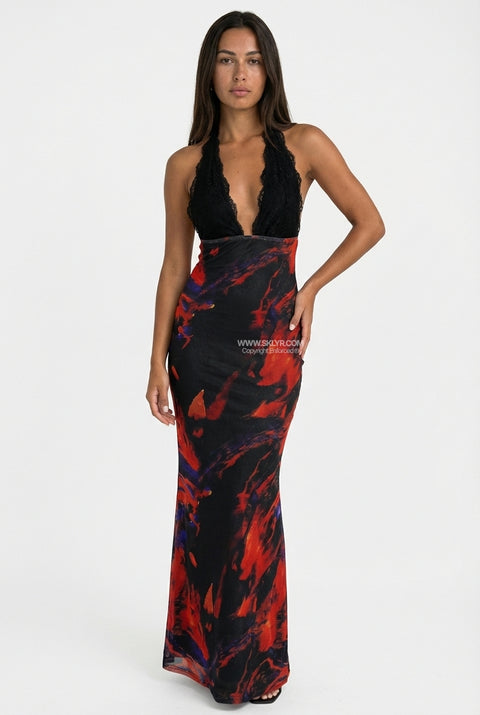 Black Lace And Red Abstract Maxi Dress