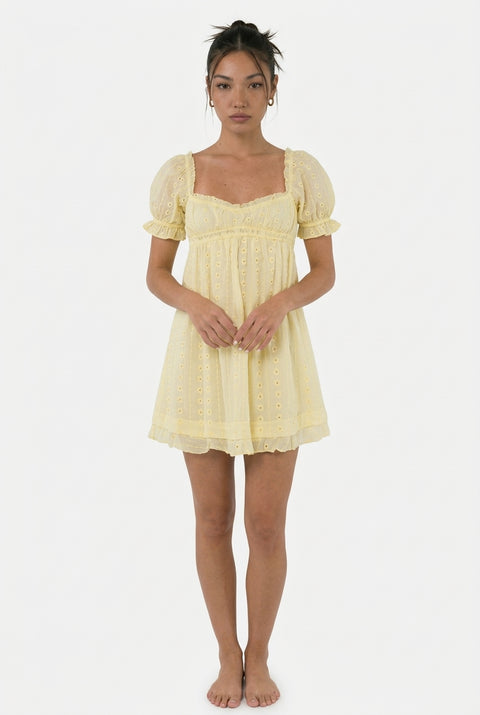 Pale Yellow Eyelet Ruffle Strap Babydoll Mini Dress