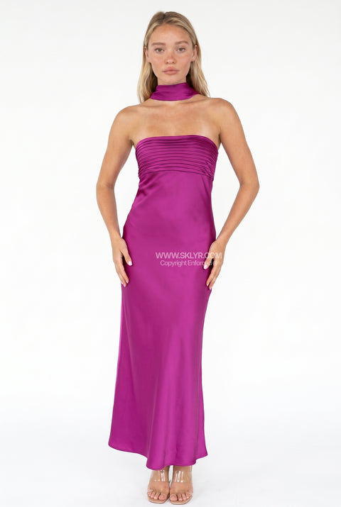 Magenta Satin Open-Back Halter Dress