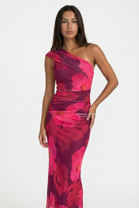 Fuchsia Floral One-Shoulder Maxi Dress