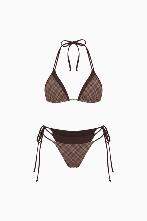 Retro Chic Brown Plaid Contrast-Trim Bikini